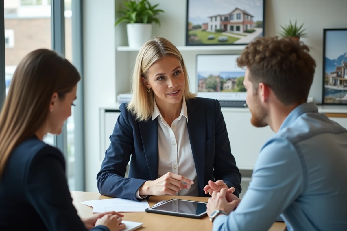 Agente immobilière présentant des offres de biens sur tablette à un couple de clients dans une agence moderne