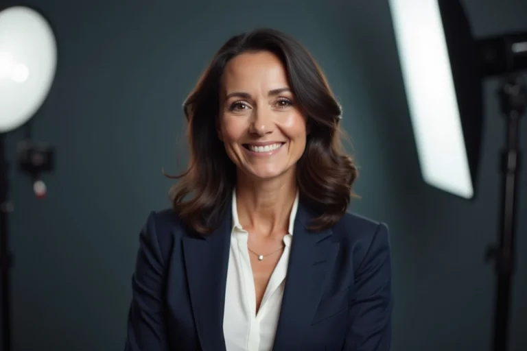 Animatrice de télévision souriante en blazer marine dans un studio TV professionnel, portrait 3/4 réaliste