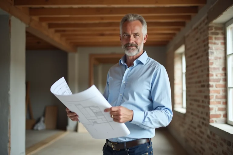 Architecte homme en review de plans dans une salle en rénovation