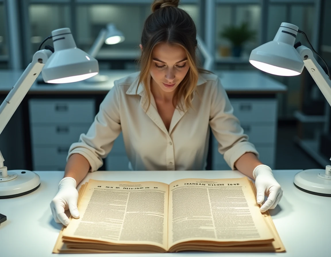 Archiviste manipulant une gazette commerciale française du XVIIIe siècle dans un laboratoire de conservation