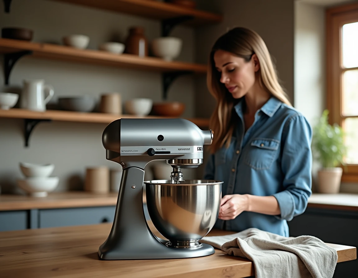 Robot pâtissier Kenwood avec bol inox détaché posé à côté sur un plan de travail en bois, femme inspectant le bol dans une cuisine de style campagne