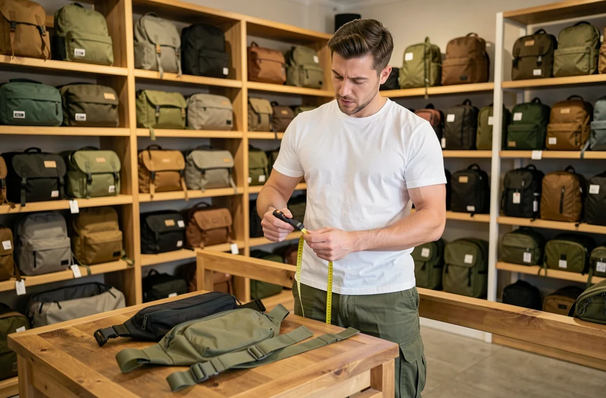 Homme comparant deux sangles de sac banane de tailles différentes dans une boutique d'accessoires