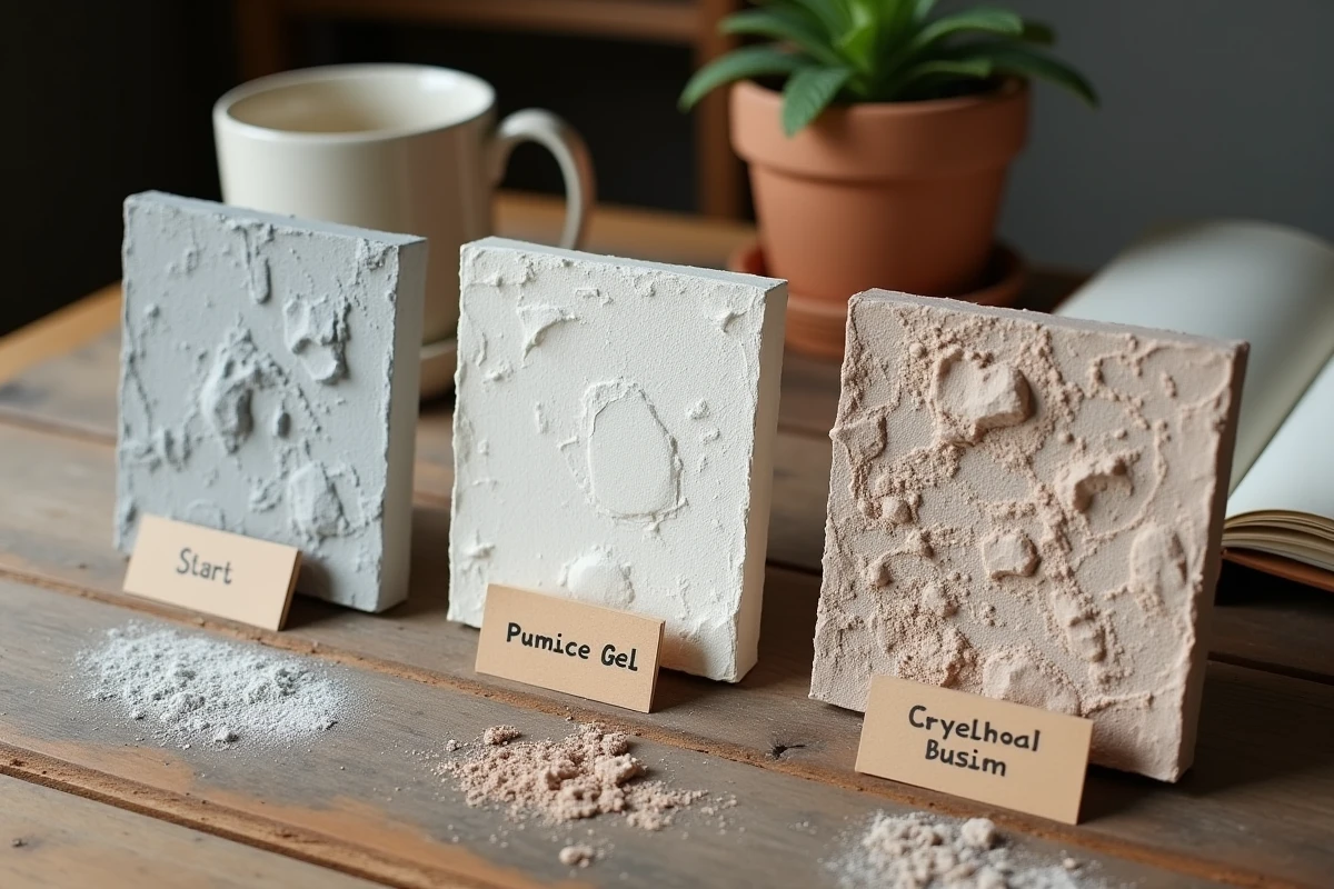 Trois panneaux de toile présentant différentes techniques d'effet granuleux en peinture, incluant gélatine de ponce, enveloppe plastique et brossage à sec, posés sur une table en bois
