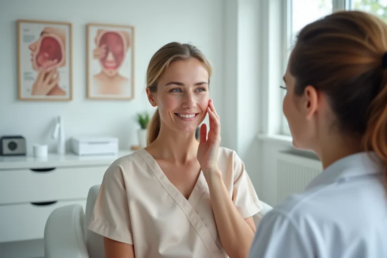 Femme consultant une dermatologue après un traitement laser vasculaire en cabinet médical