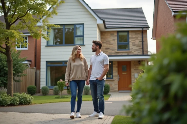 Couple souriant tenant des clés devant une maison moderne avec jardin, illustrant l'achat immobilier idéal