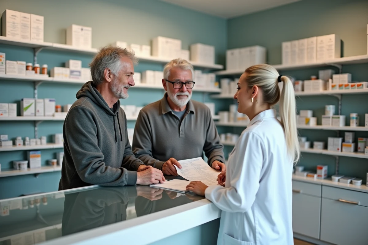 Couple en pharmacie discutant du remboursement mutuelle AXA avec une pharmacienne