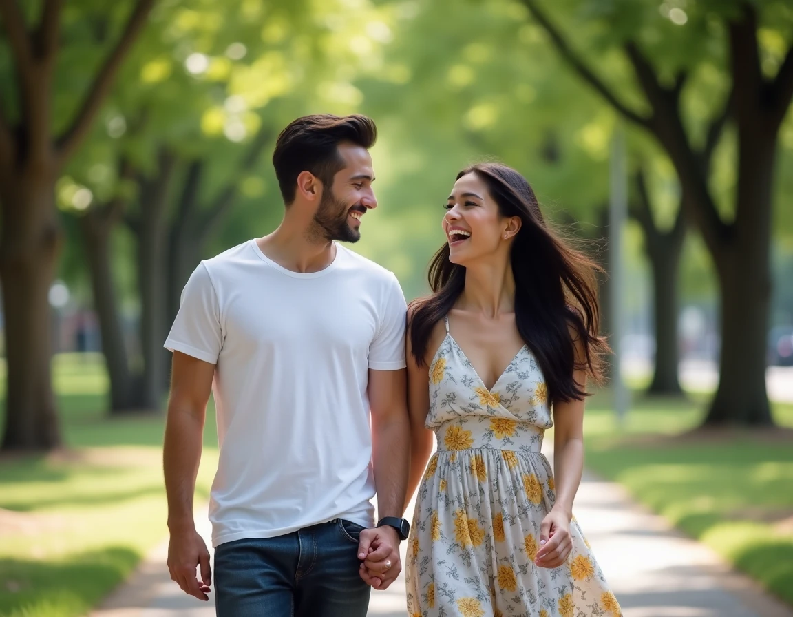 Couple complice se promenant dans un parc urbain, illustrant la vie amoureuse et le quotidien partagé