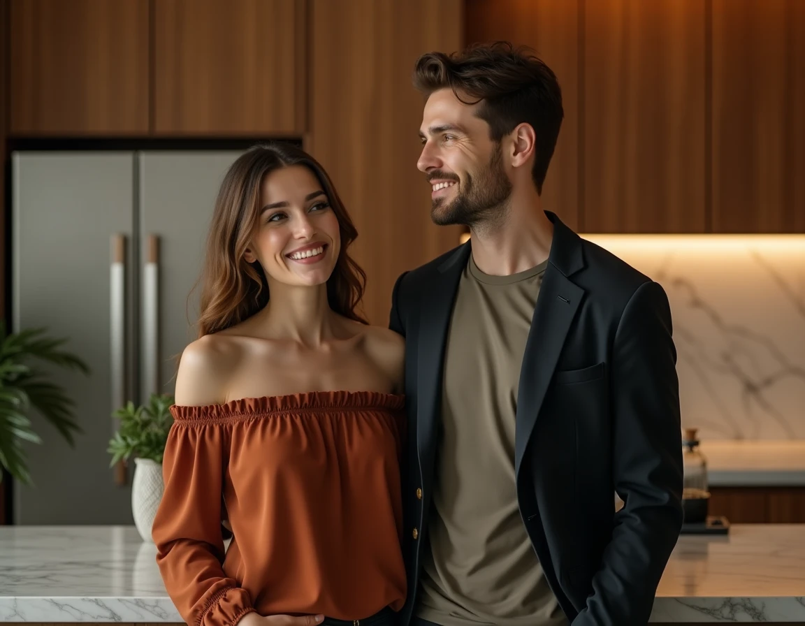 Couple élégant lors d'une réception privée en intérieur, vie sociale et complicité amoureuse