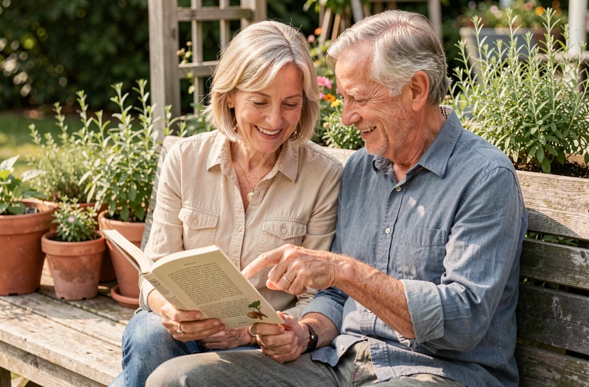 Couple de retraités lisant ensemble un livre de jardinage sur leur terrasse