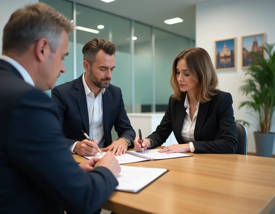 Couple signant un contrat immobilier avec un conseiller financier pour un achat sans apport