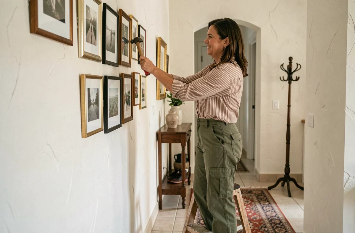 Femme accrochant des cadres sur un mur dans un couloir d'entrée décoré, debout sur un escabeau en bois