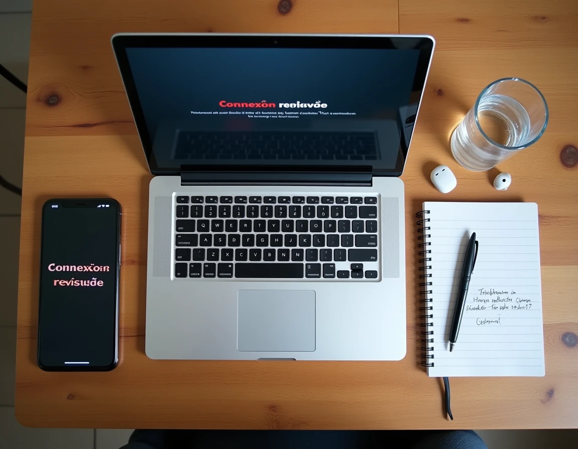 Vue aérienne d'un ordinateur portable affichant une erreur de connexion entouré d'un smartphone et de notes de dépannage sur un bureau en bois