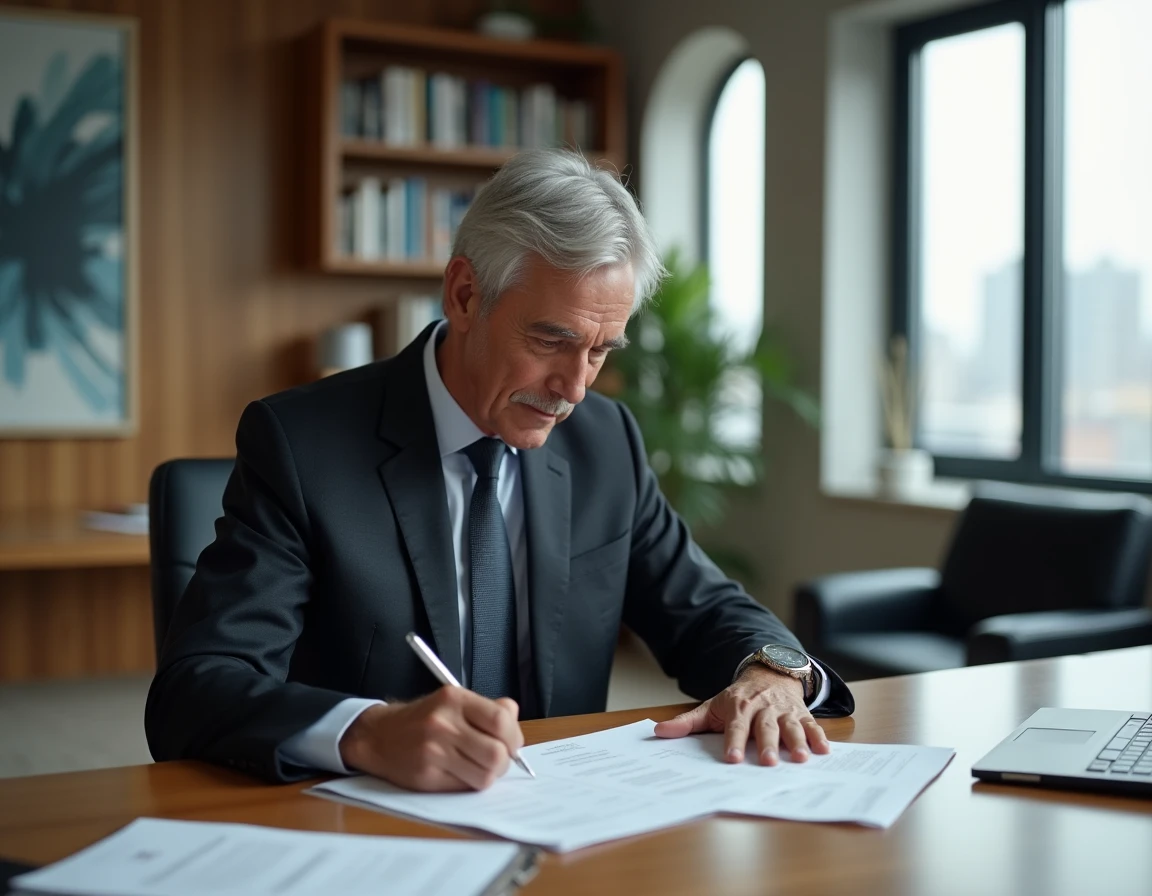 Dirigeant expérimenté analysant des rapports stratégiques dans un bureau exécutif élégant avec vue panoramique