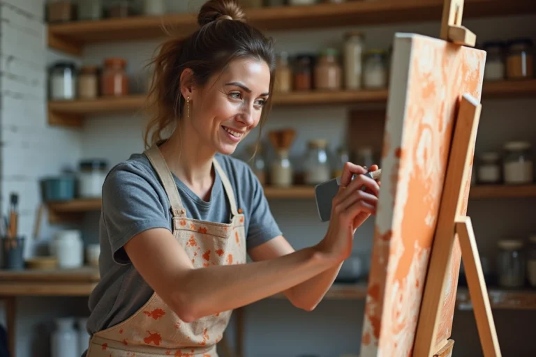 Femme artiste appliquant de la peinture acrylique épaisse avec un couteau de palette pour créer un effet granuleux sur une toile dans un atelier maison
