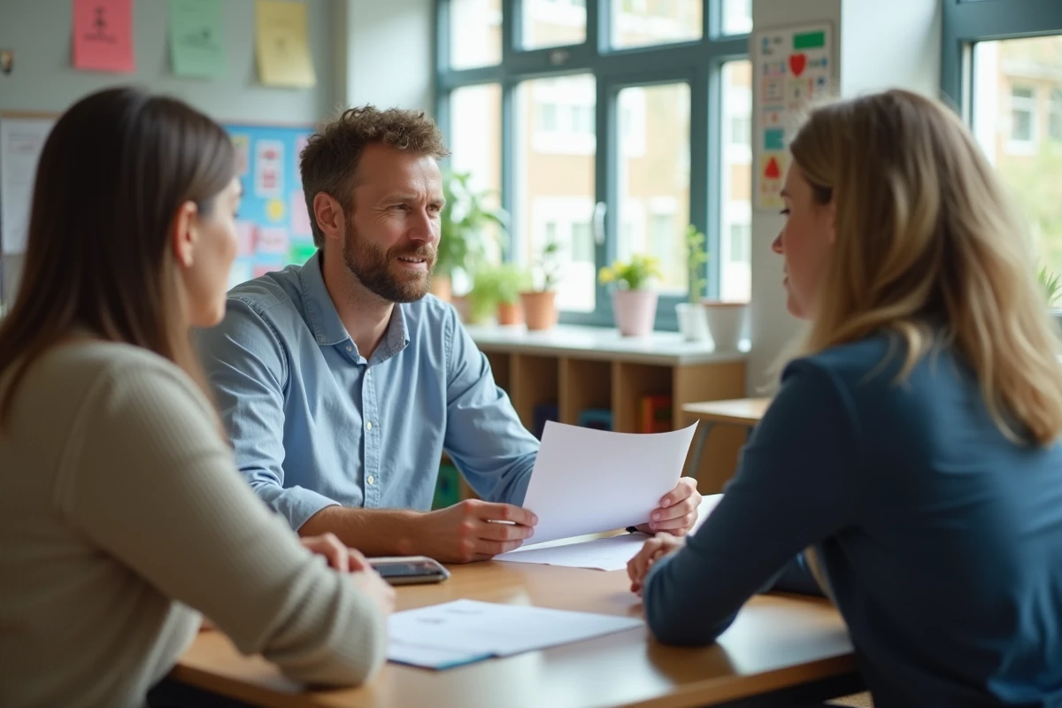 Enseignant discutant avec un couple dans une salle de classe