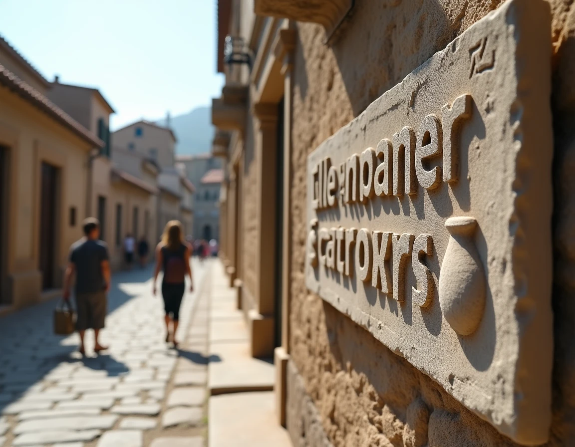 Enseigne commerciale romaine sculptée dans la pierre sur une façade reconstituée d'une rue antique