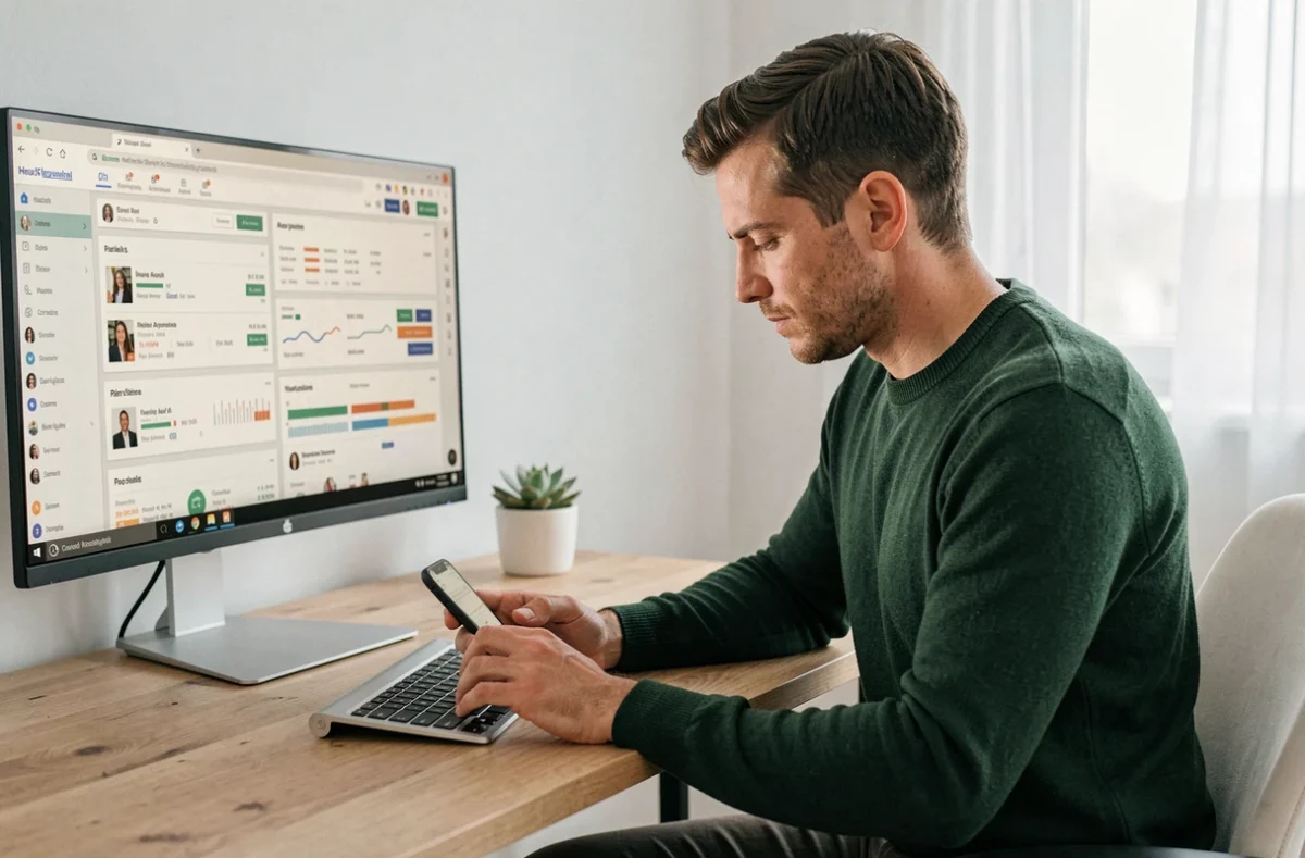 Entrepreneur concentré gérant des outils digitaux modernes depuis son bureau à domicile pour accélérer la croissance de son activité en ligne