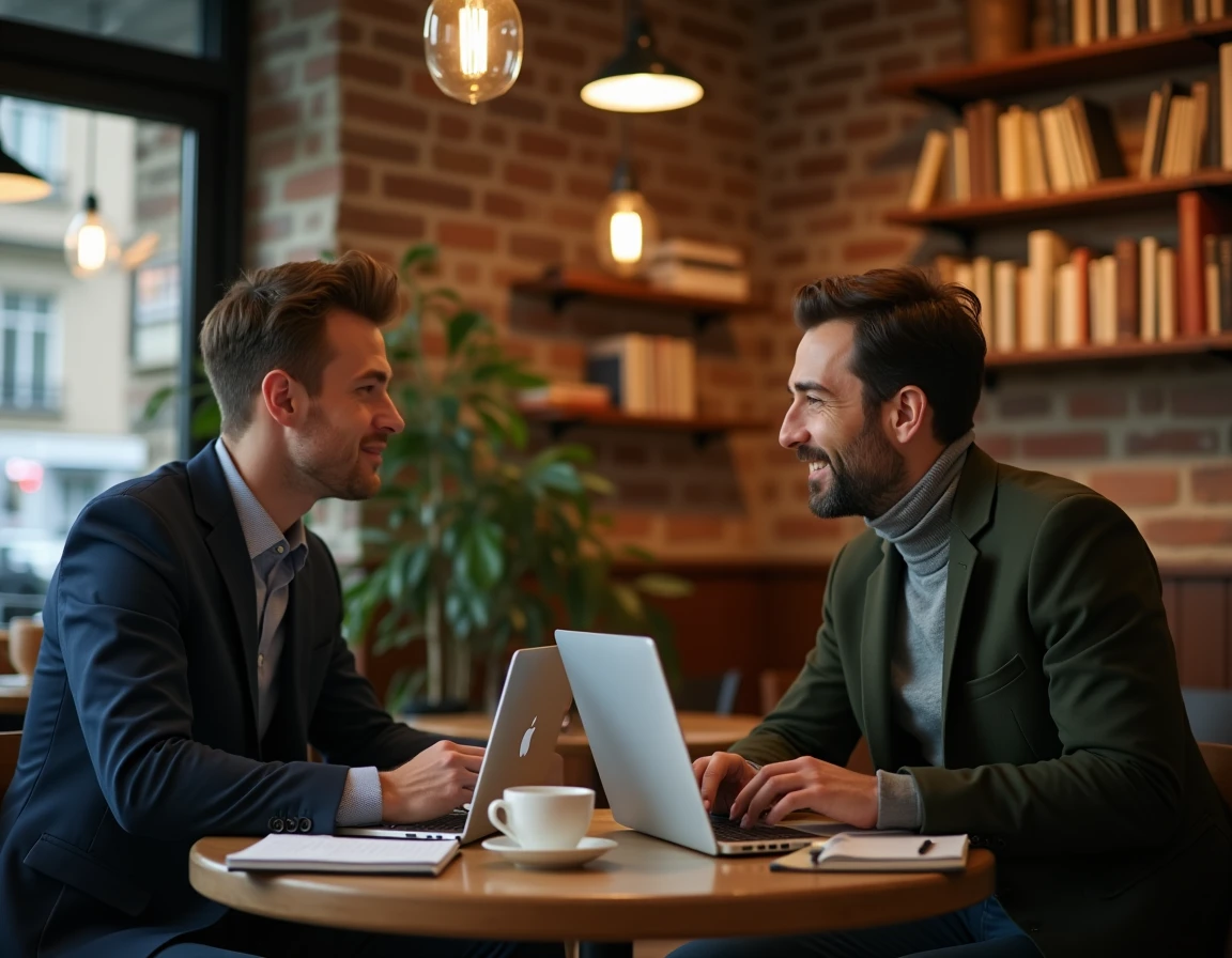 Deux entrepreneurs collaborant autour d'une stratégie d'affaires dans un café co-working parisien moderne