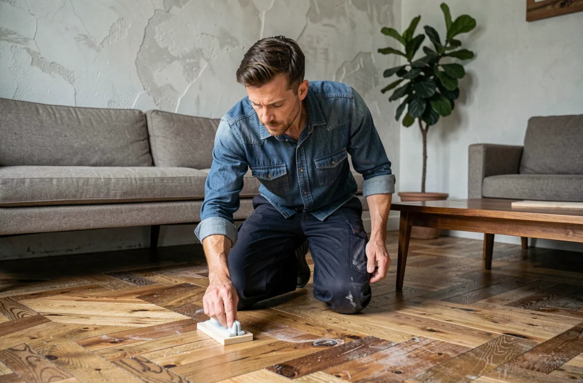 Homme appliquant un produit de protection sur un parquet en bois dans un salon décoré avec soin