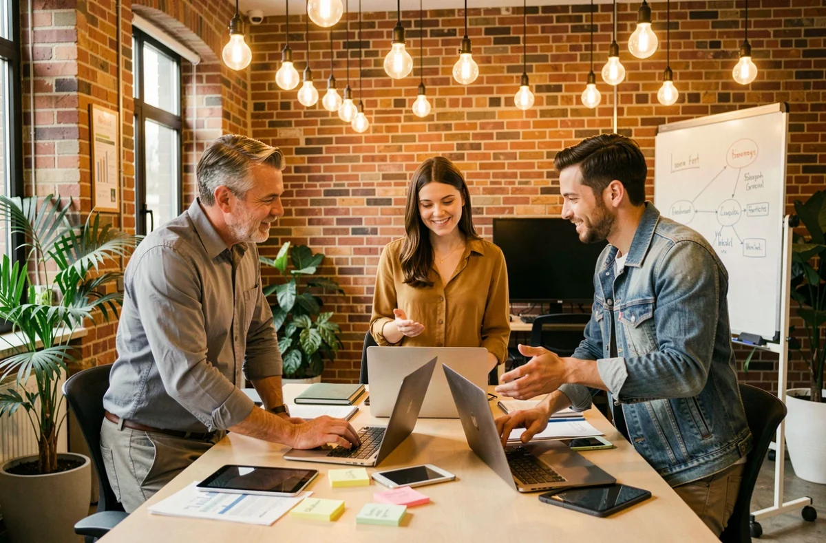Équipe de professionnels collaborant autour d'outils digitaux modernes dans un espace de coworking pour développer leur stratégie de croissance