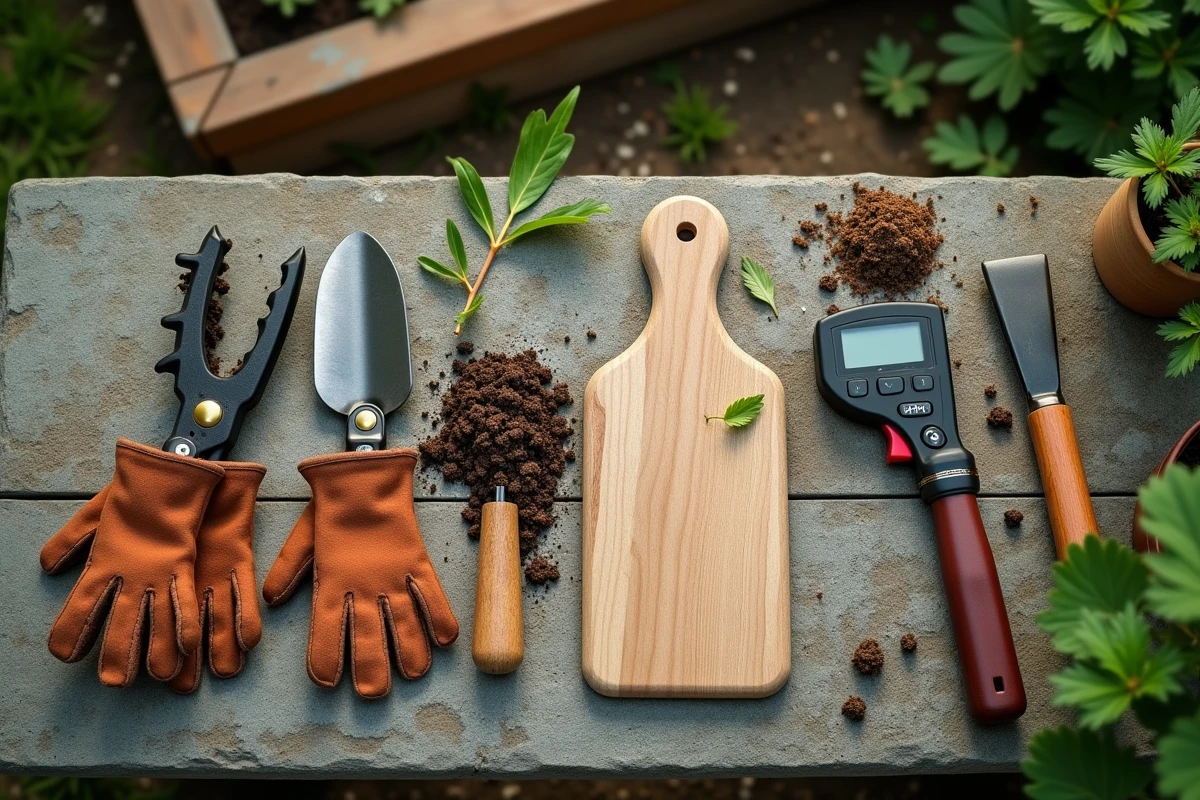 Vue à plat des équipements de jardinage indispensables disposés sur une table en pierre au jardin