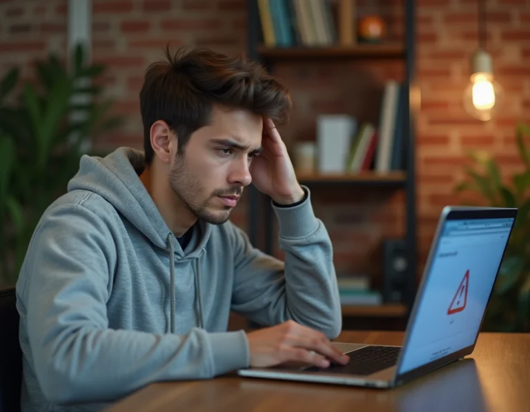 Homme frustré devant un écran d'ordinateur affichant une erreur de connexion sur un site de streaming
