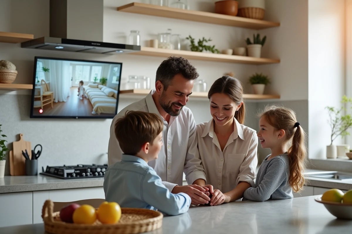 Famille organisée dans la cuisine avec écran connecté