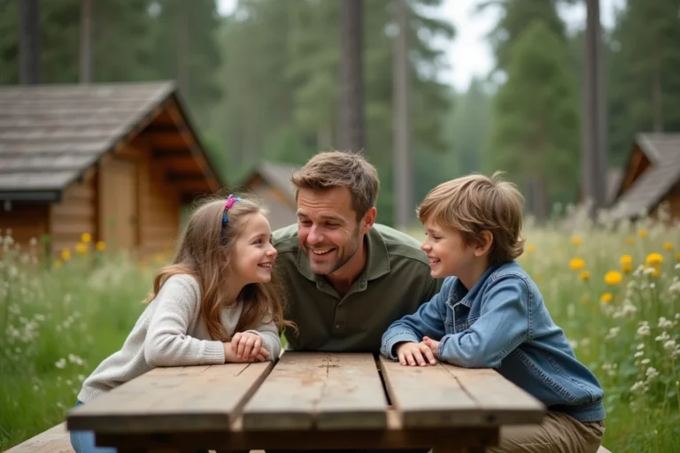 Famille souriante autour d'un pique-nique en forêt