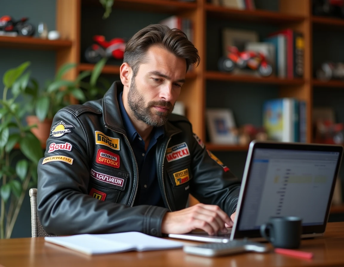 Fan de MotoGP calculant son budget voyage et billets de course sur un ordinateur portable à la maison
