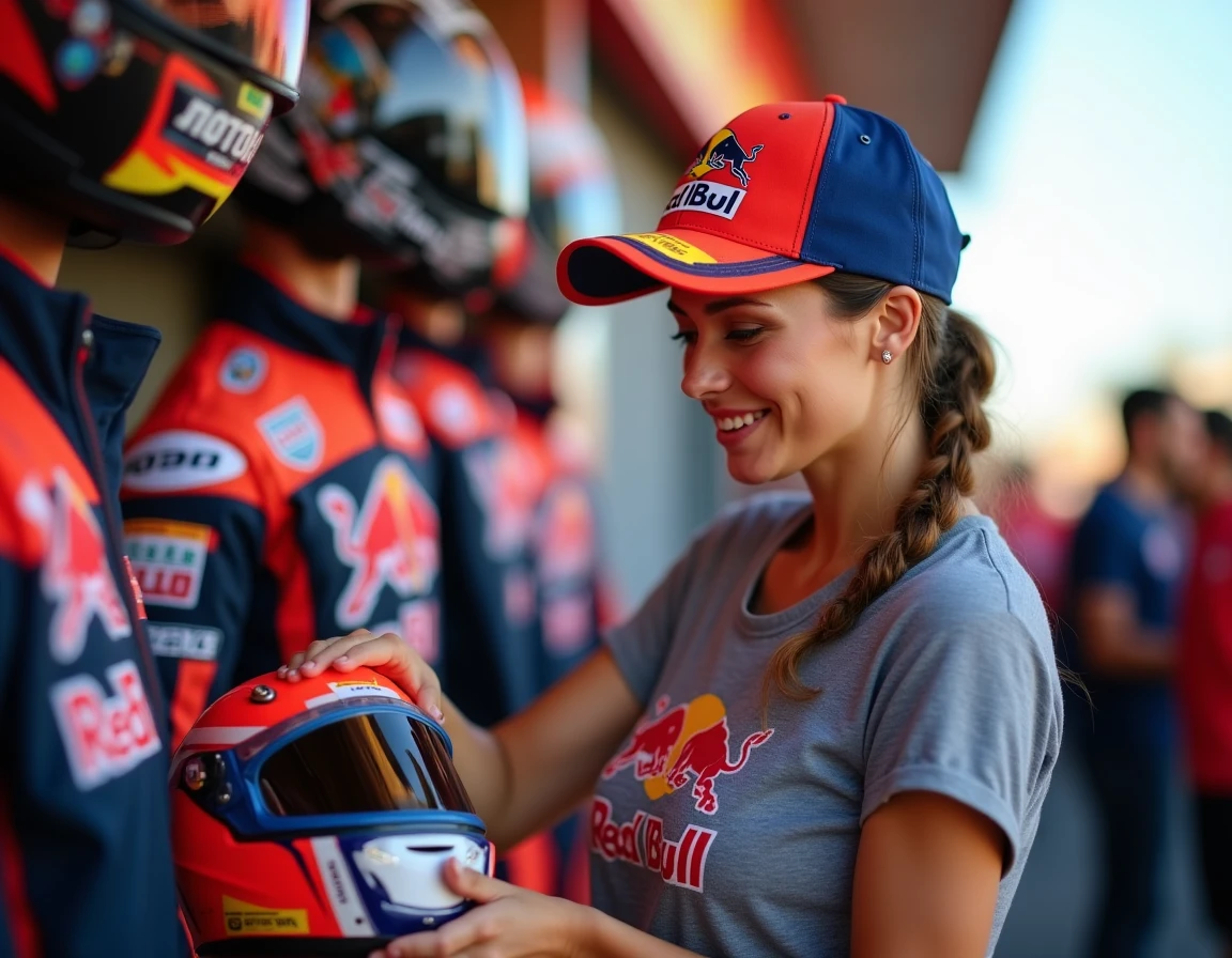 Femme fan de MotoGP inspectant les prix des produits officiels sur un stand de merchandising au Grand Prix