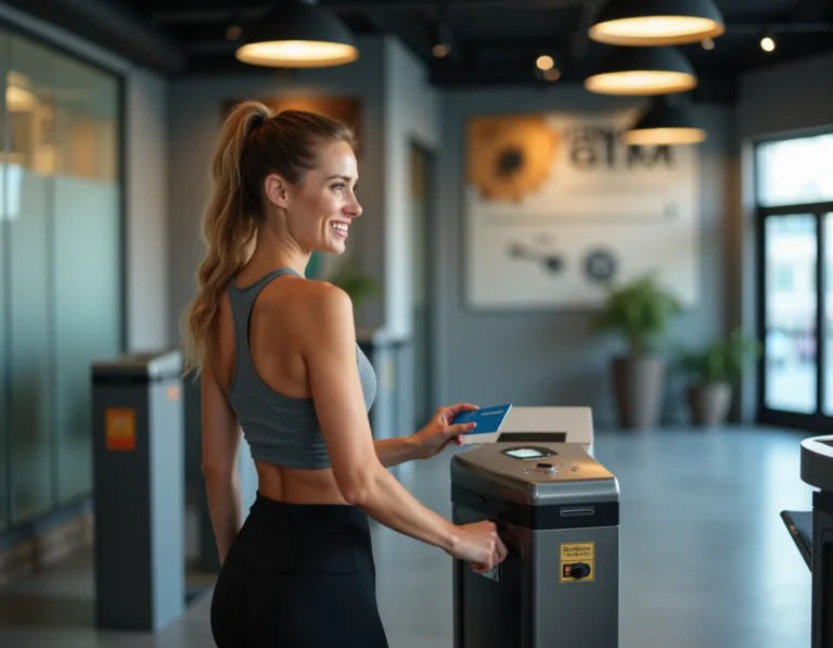 Femme souriante scannant sa carte d'abonnement sans engagement à l'entrée d'une salle de sport Basic-Fit
