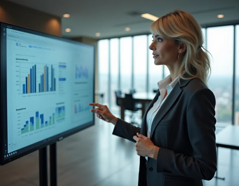 Femme d'affaires professionnelle présentant des données analytiques dans une salle de conférence moderne avec vue sur la ville