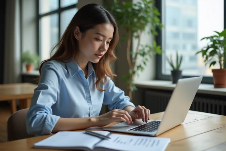 Jeune femme professionnelle analysant des graphiques financiers à la maison