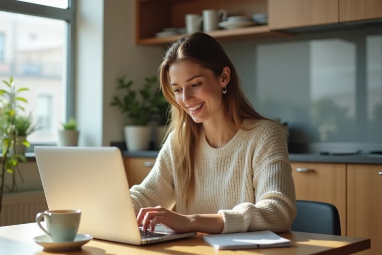 Femme souriante travaillant sur son ordinateur dans une cuisine lumineuse
