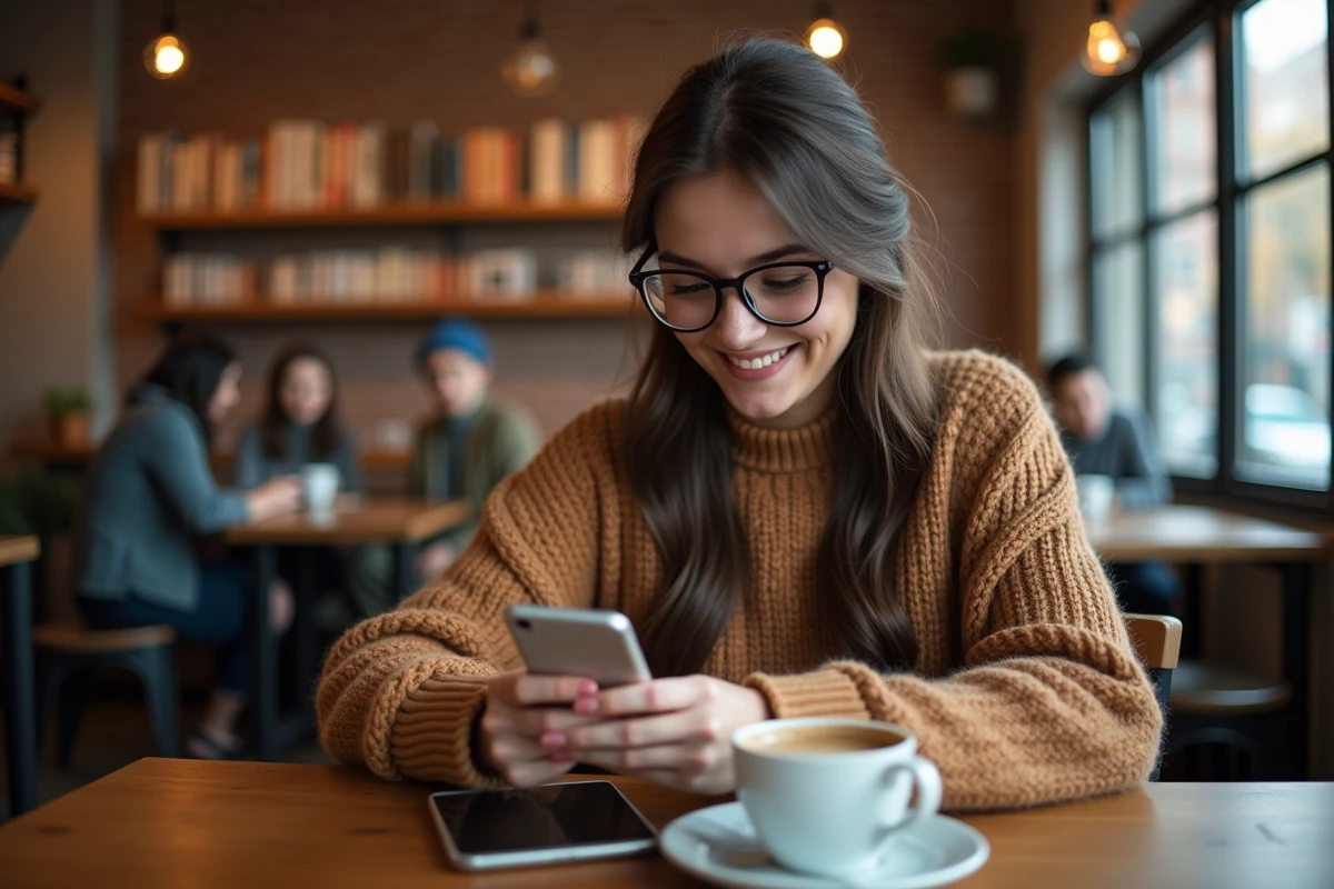 Femme souriante utilisant son smartphone dans un café animé