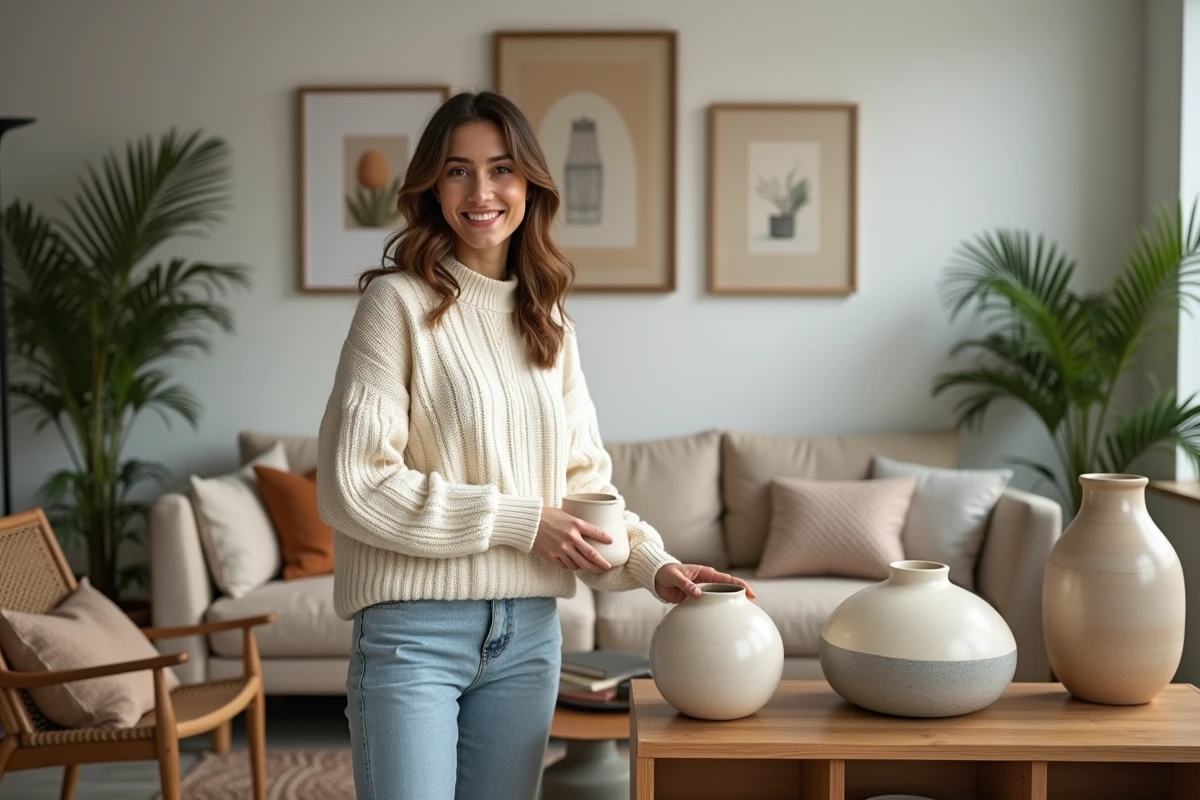 Femme souriante arrangeant des vases en céramique dans un salon