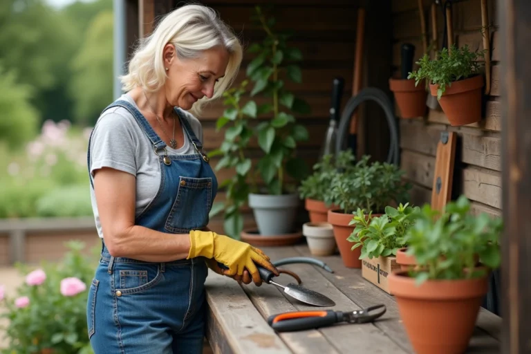Femme jardiniève choisissant ses outils de jardinage sur un établi en bois dans un abri de jardin