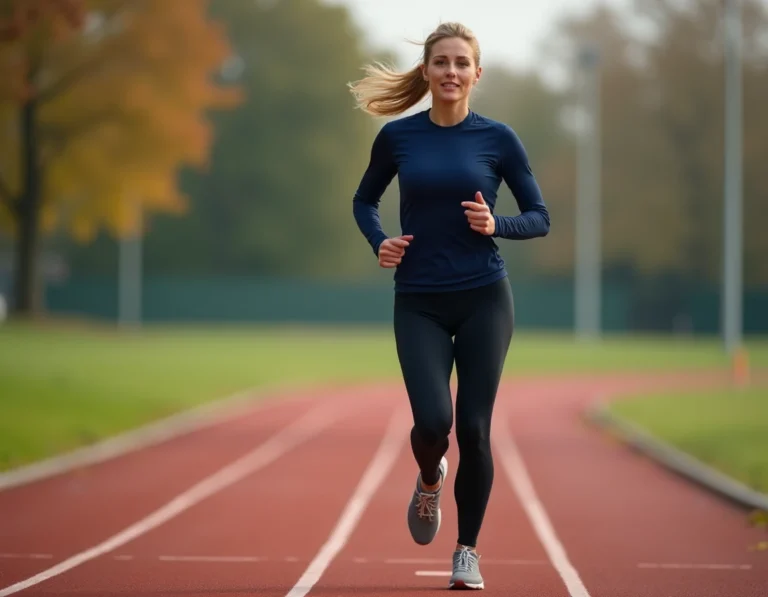 Femme courant sur une piste d'athlétisme en plein air, illustrant la pratique du sport et la découverte des disciplines sportives