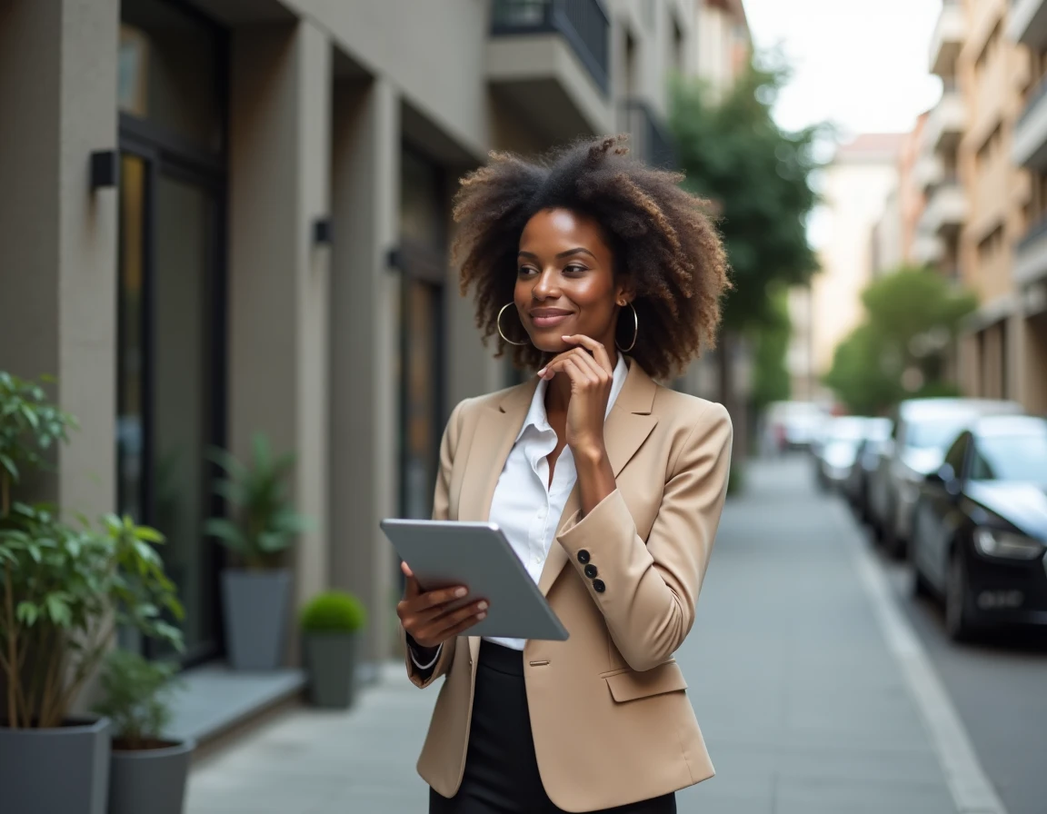 Femme professionnelle évaluant un immeuble résidentiel avec une tablette pour un investissement immobilier