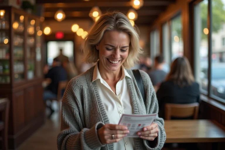 Femme souriante vérifiant un ticket Keno dans un café parisien