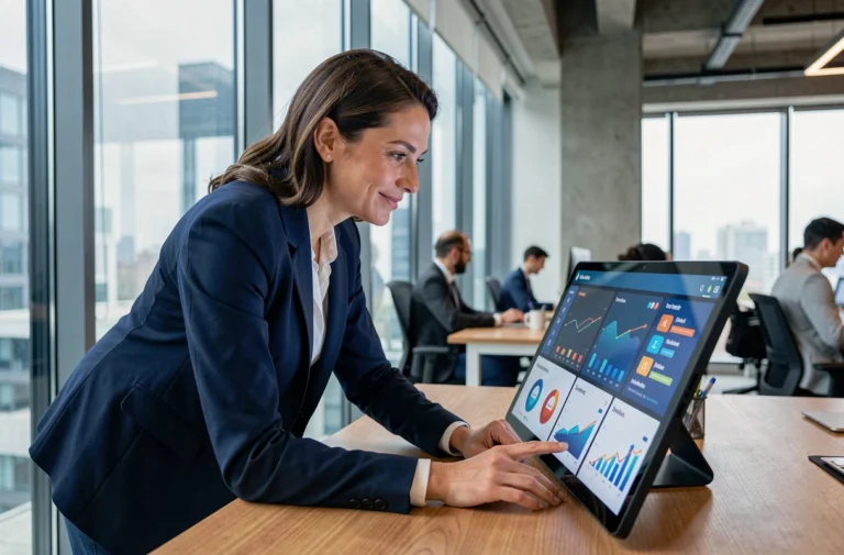 Femme professionnelle analysant des tableaux de bord numériques sur un écran tactile dans un bureau moderne pour booster la croissance de son entreprise