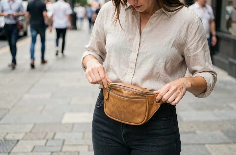 Femme ajustant la sangle de son sac banane en cuir autour de sa taille en milieu urbain