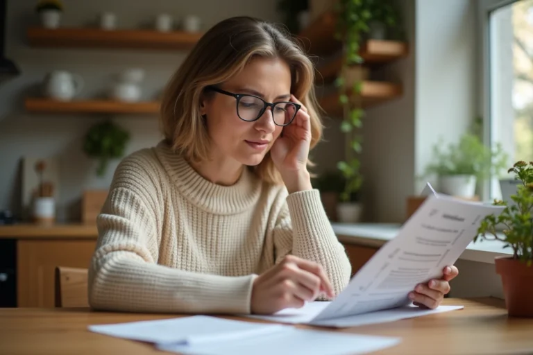Femme consultant un document de remboursement mutuelle AXA à la maison