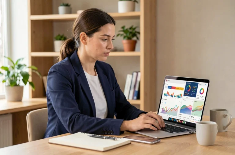 Femme professionnelle travaillant sur des ressources numériques pour améliorer sa présence en ligne depuis un bureau moderne