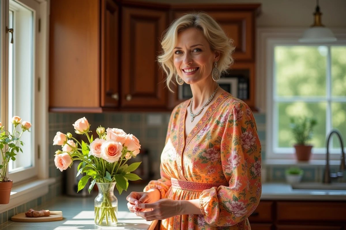 Femme élégante dans une cuisine arrangeant des fleurs fraîches