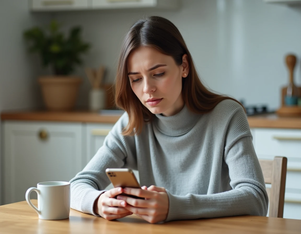 Femme inquiète consultant son application bancaire sur smartphone pour vérifier un virement Mangopay en retard sur Vinted