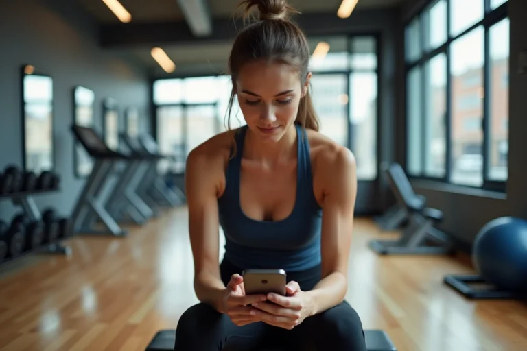 Jeune femme en salle de sport regardant son smartphone