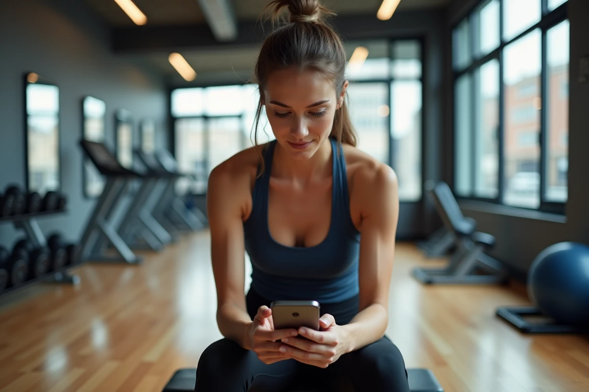 Jeune femme en salle de sport regardant son smartphone