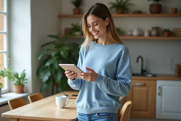 Femme souriante utilisant une tablette dans un salon moderne