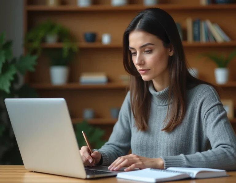 Femme utilisant un ordinateur portable pour naviguer sur une plateforme de téléchargement en ligne tout en prenant des notes dans un cahier